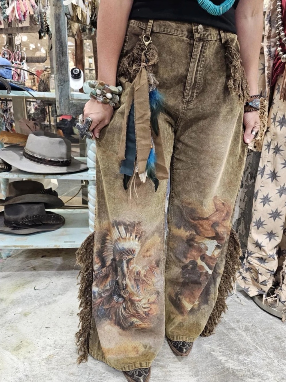 Boho Fringe Wide-Leg Women's Pants in Brown NWT S/M